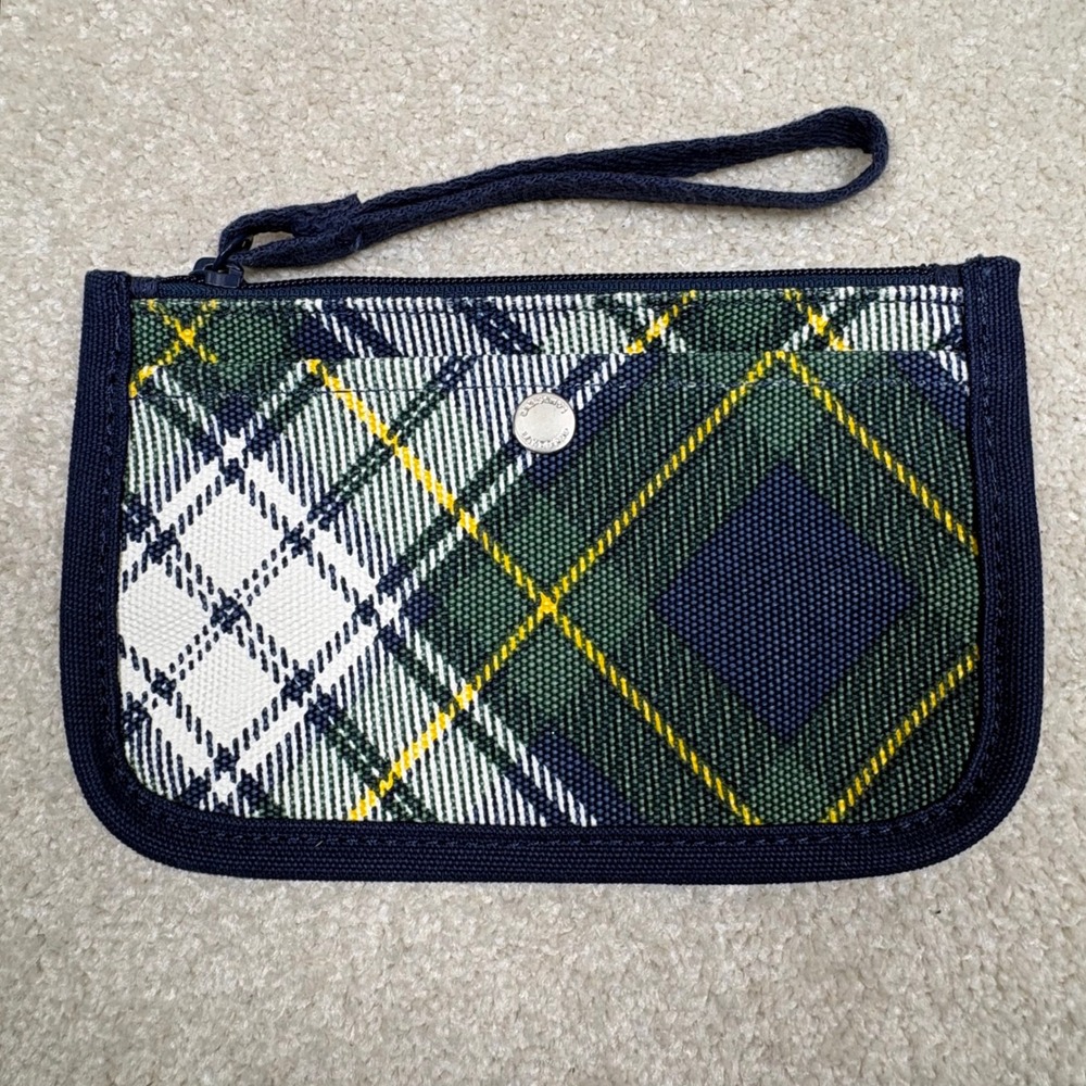 Lands End Green Navy Plaid Canvas Wristlet Pouch Zipper Clutch Snap Pocket‎ NWOT